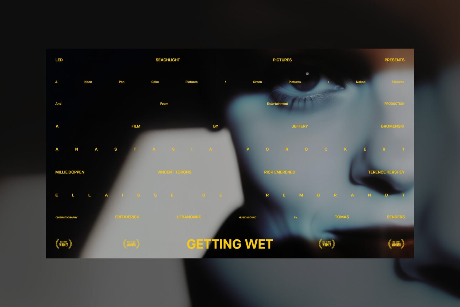 Cinematic film poster with abstract design featuring blue and yellow hues, bold typography, and artistic elements. Ideal for design templates and mockups.