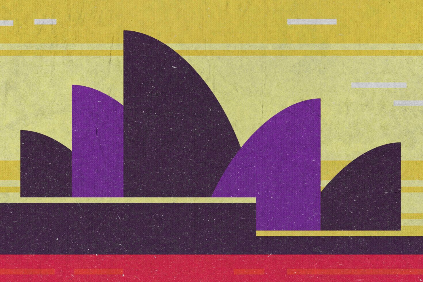 Abstract geometric illustration featuring bold purple and yellow shapes with a textured vintage look perfect for graphic design and print projects.
