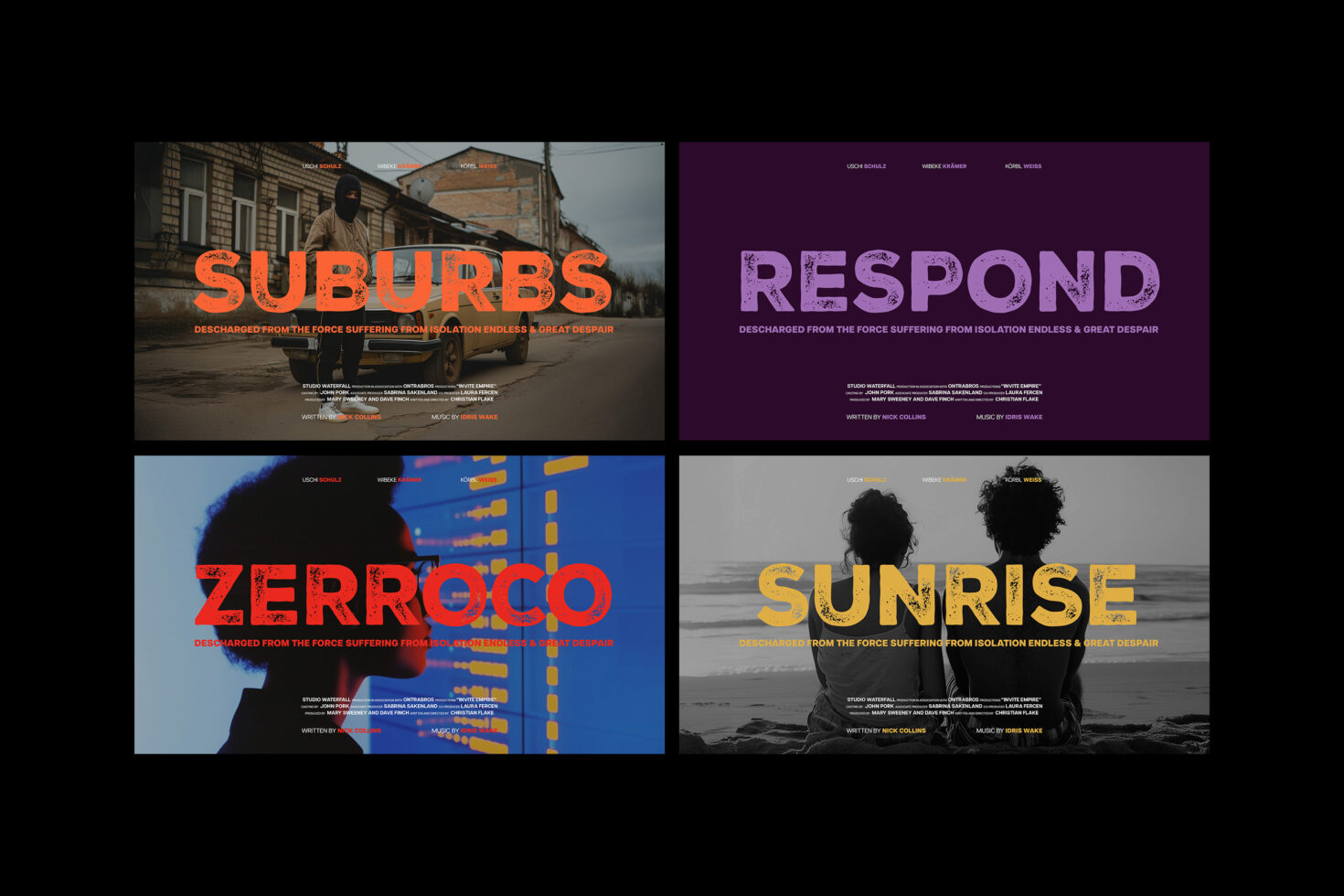 Four cinematic poster templates showcasing bold typography and diverse backgrounds. Keywords: posters, templates, bold typography, design assets, graphics.