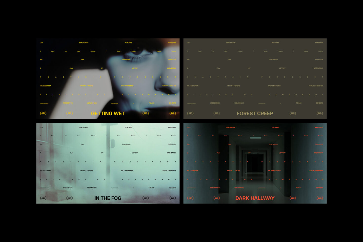 Cinematic posters set featuring titles Getting Wet Forest Creep In the Fog Dark Hallway Ideal for designers in graphics templates film mockups projects