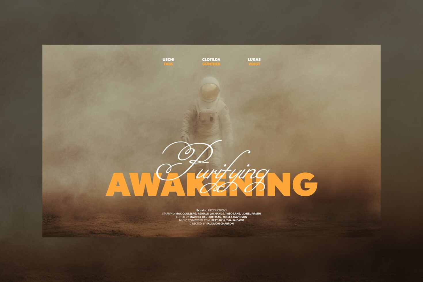 Astronaut in dusty environment with bold overlay text Purifying Awakening suitable for movie poster mockup template for designers film graphics SEO.