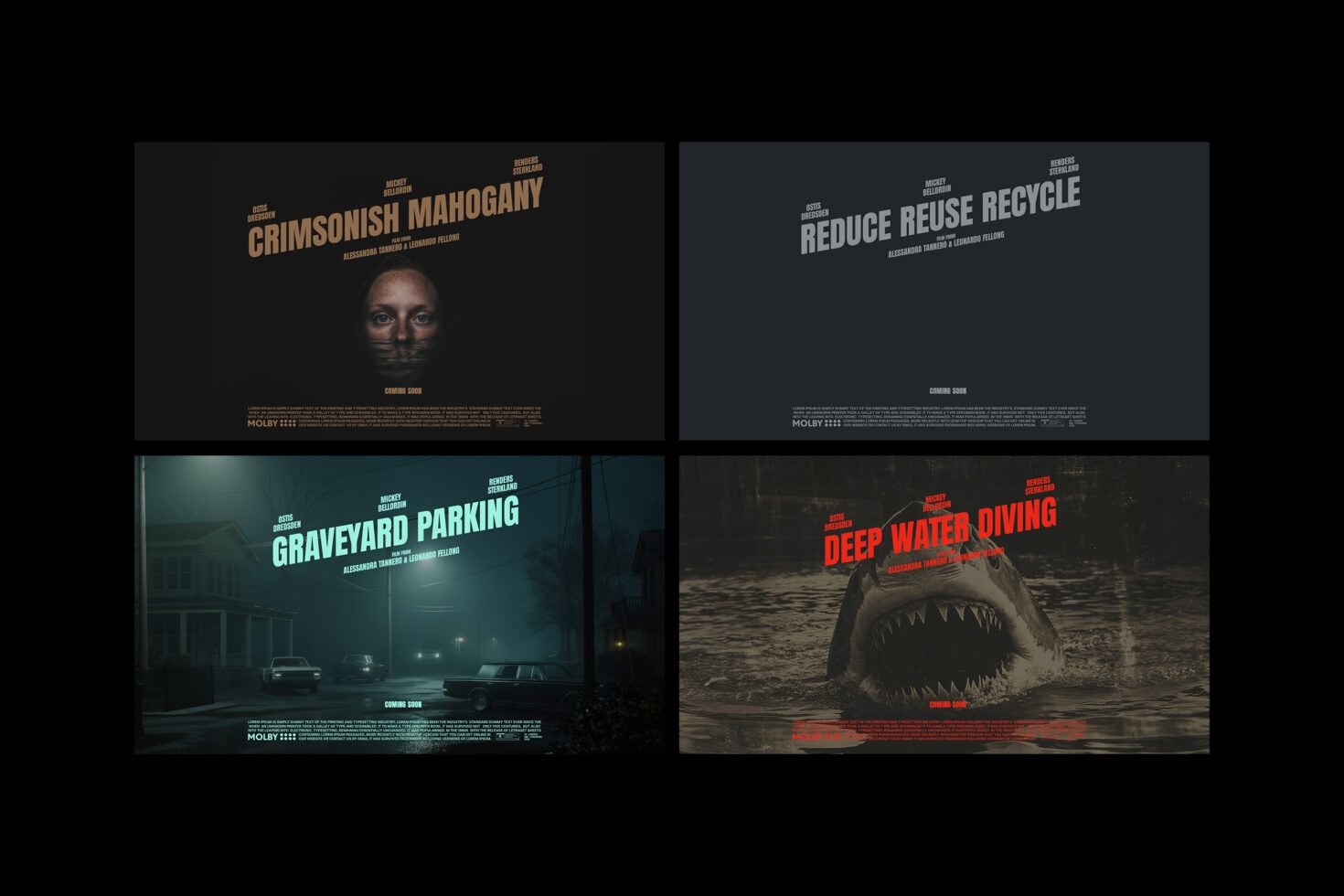 Horror-themed graphic mockup featuring dramatic film posters for Crimsonish Mahogany, Reduce Reuse Recycle, Graveyard Parking, Deep Water Diving.