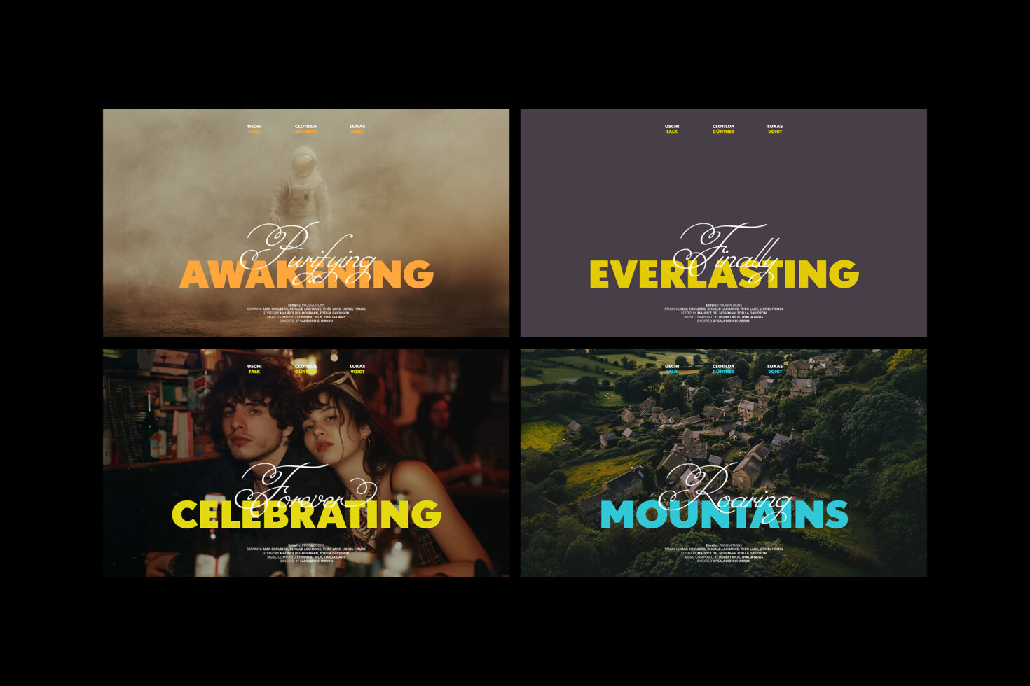 Digital movie poster templates showcasing bold typography and overlays on diverse backgrounds: astronaut, urban nightlife, tranquil village landscape. Ideal for designers.