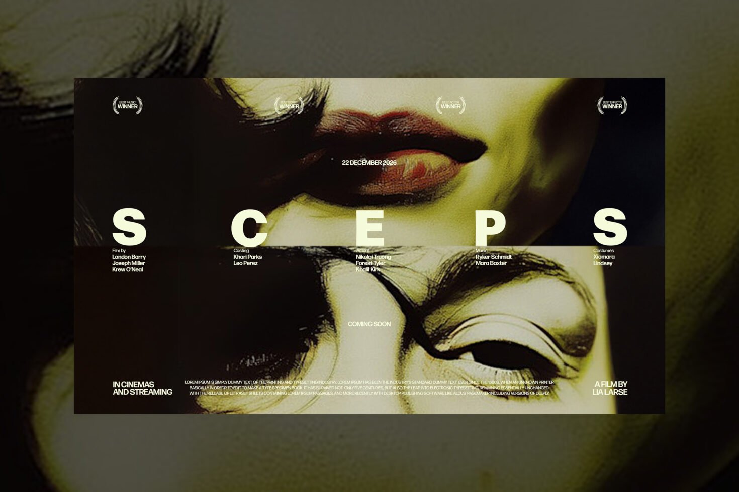 Movie poster design with abstract portrait, bold typography featuring large letters S, C, E, P; award indicators. Keywords: movie poster, typography, abstract, design.