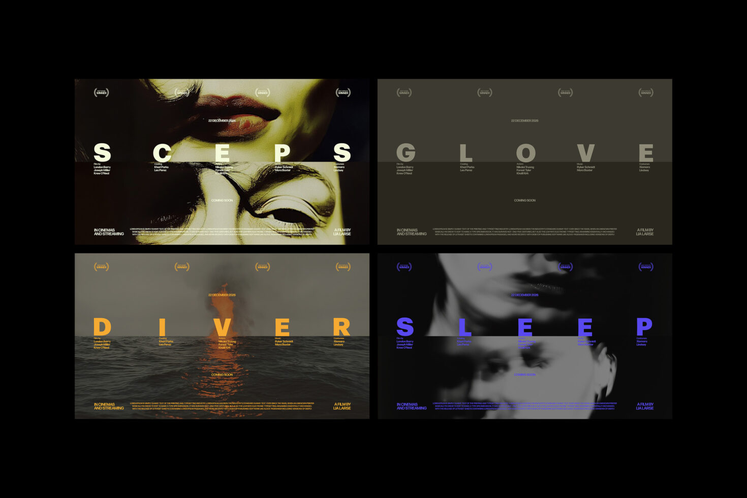 Four cinematic poster mockups showcasing dramatic text placement and abstract backgrounds. Ideal for designers seeking innovative graphics and typography templates.