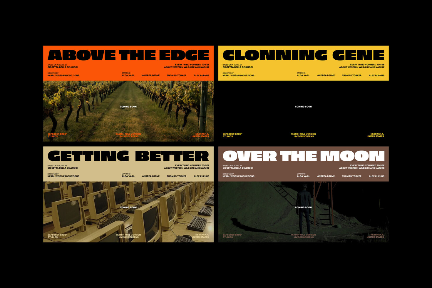Colorful movie posters with bold titles Above the Edge Clonning Gene Getting Better Over the Moon. Creative template for designers and graphic artists.