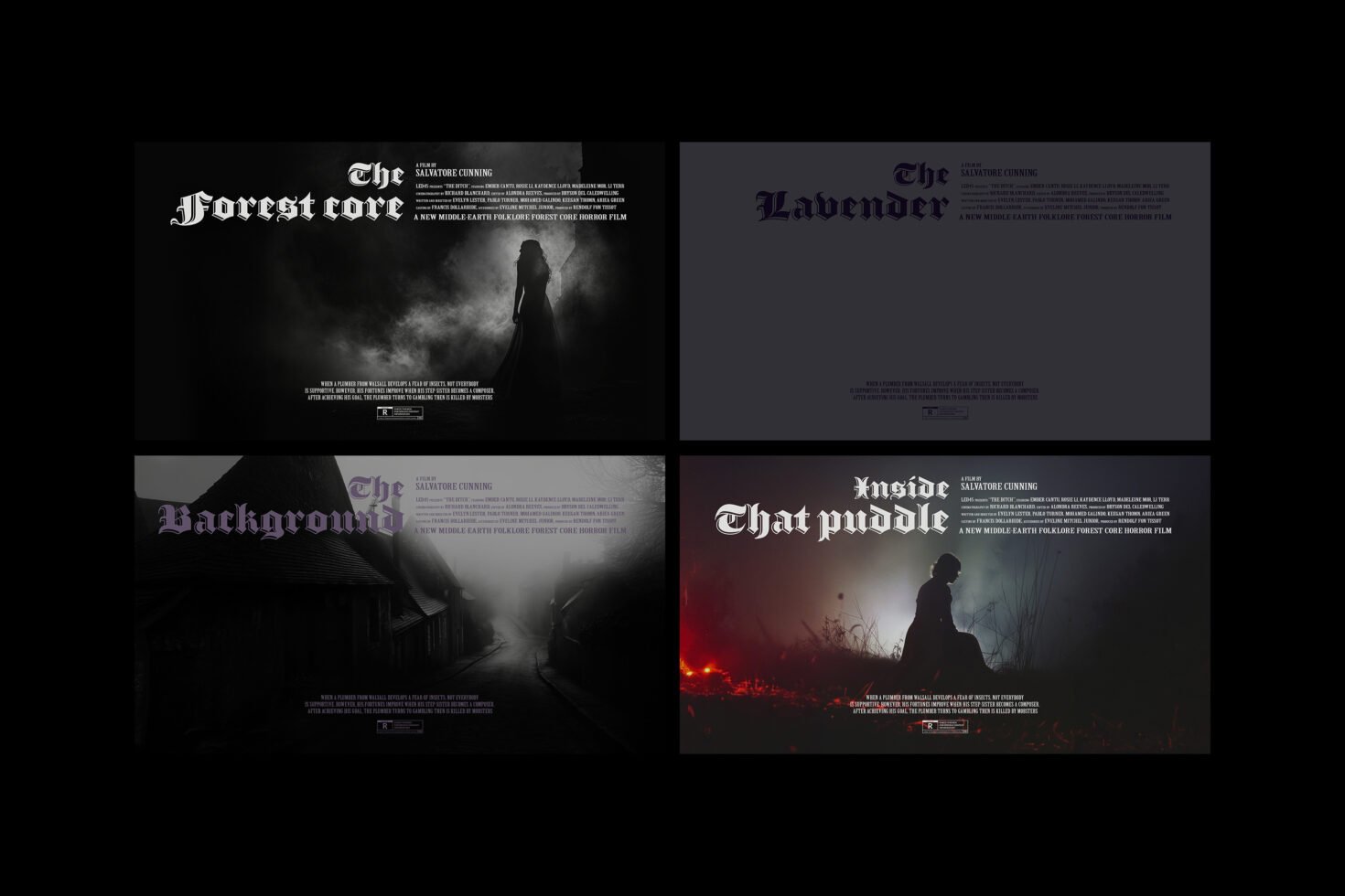 Four eerie horror-themed graphic templates feature gothic typography and dark, misty landscapes, ideal for designers seeking atmospheric visuals.