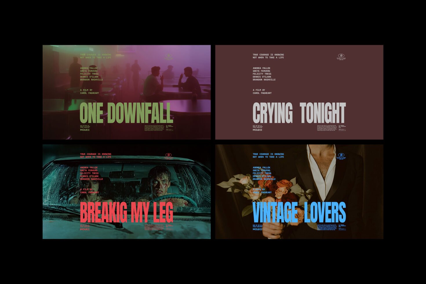 Film poster mockup set with four vintage-style designs. Keywords: Mockups, Graphics, Digital artwork, Typography, Vintage theme, Movie posters for designers.