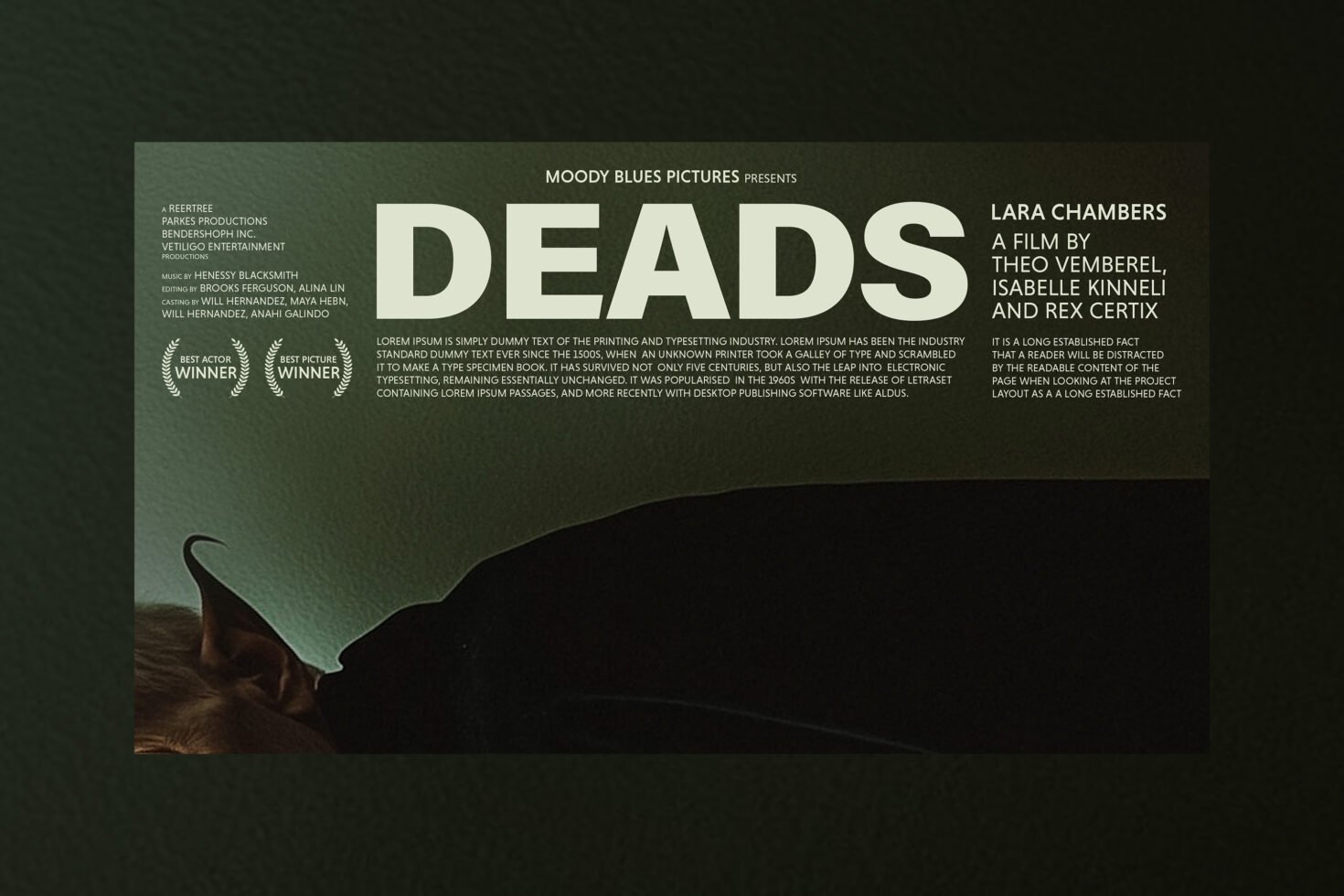 Dark movie poster design template featuring bold white text reading DEADS with awards and cast details. Keywords: poster design template, graphics, mockup.