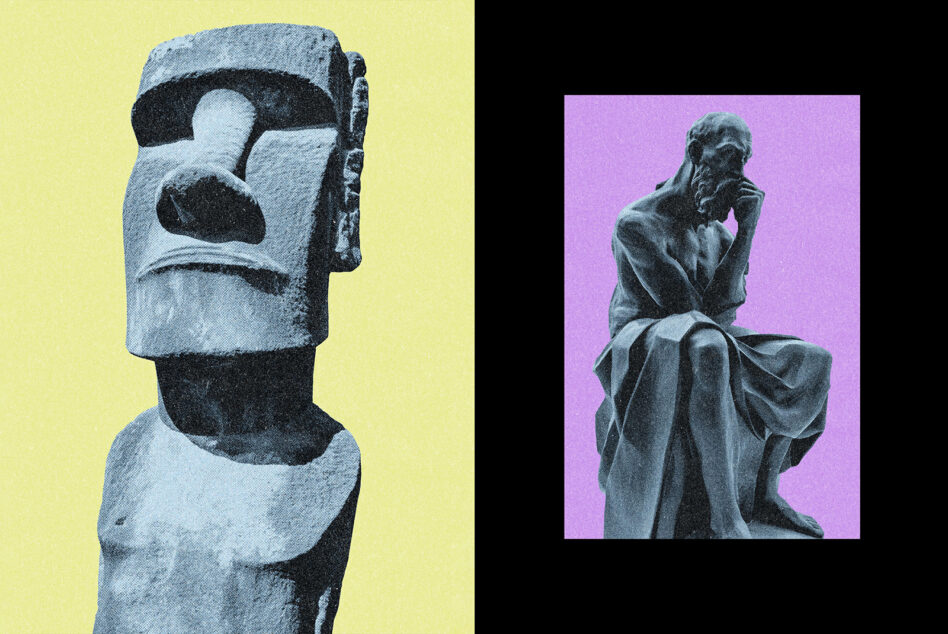 Stone moai head on yellow background, blue statue in prayer pose on magenta
