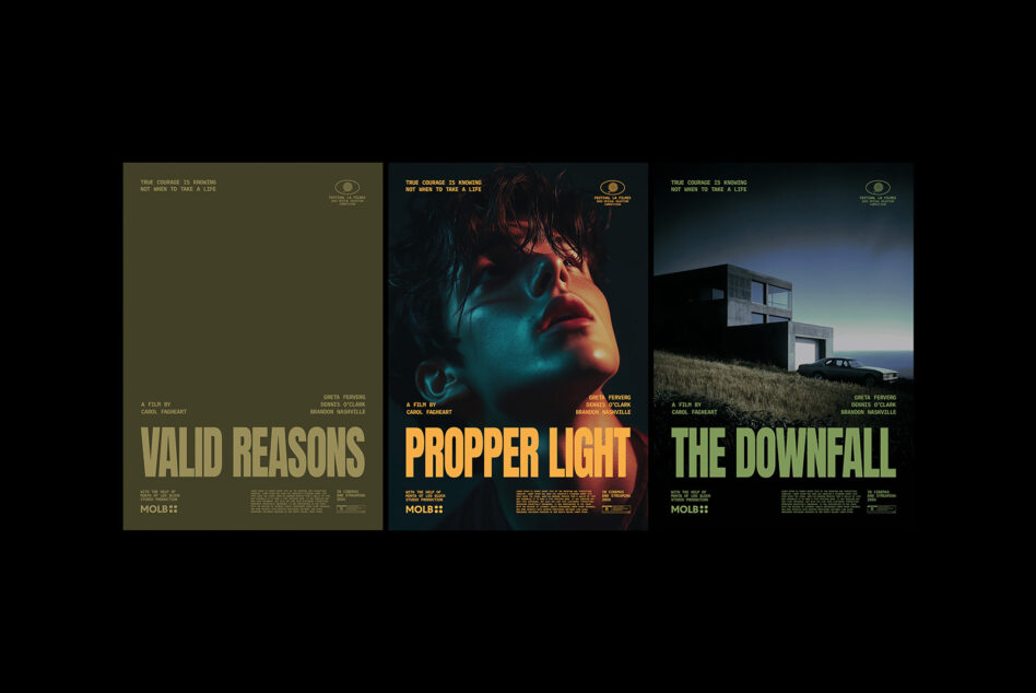 Three large vertical film posters with minimal text, cinematic photography