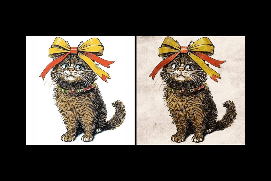 Fluffy cat wearing festive bow ribbon shown in bright plus aged paper textures