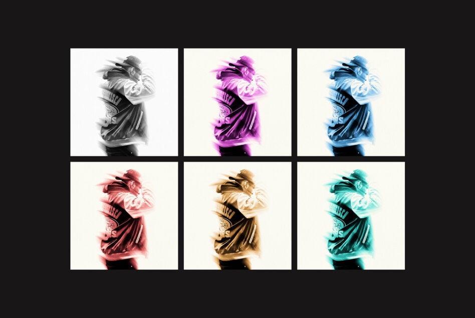 Six color neon variations of person in sports jacket with glowing edges