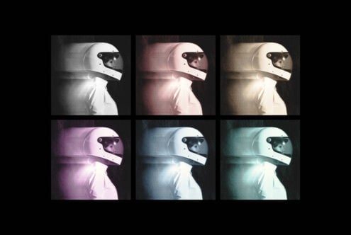 Pop art style graphics featuring six variations of a side-profile photo of a person in a helmet. Perfect for digital assets, template design, mockups.