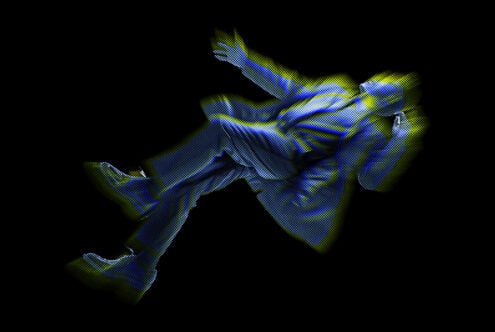 Abstract graphic art of floating person with blue and yellow halftone effect on black background for designers. Perfect for digital art projects.