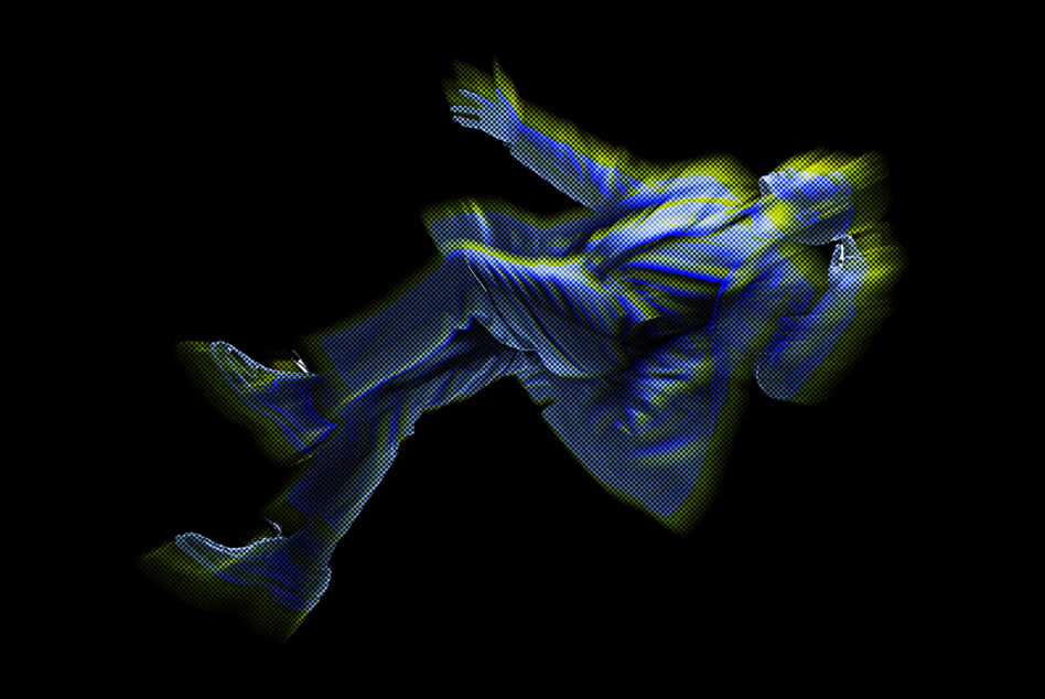 Abstract graphic art of floating person with blue and yellow halftone effect on black background for designers. Perfect for digital art projects.