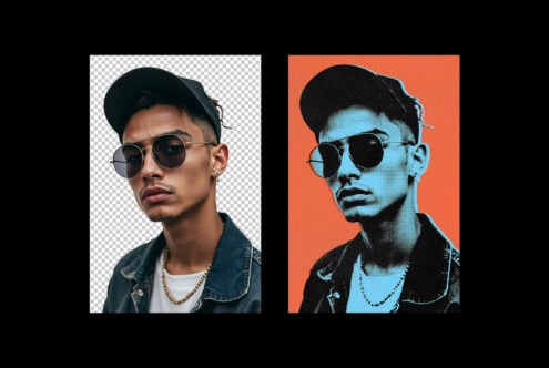 Digital portrait photo with transparent background and halftone effect. Ideal for graphic design mockups and templates for designers and creatives.