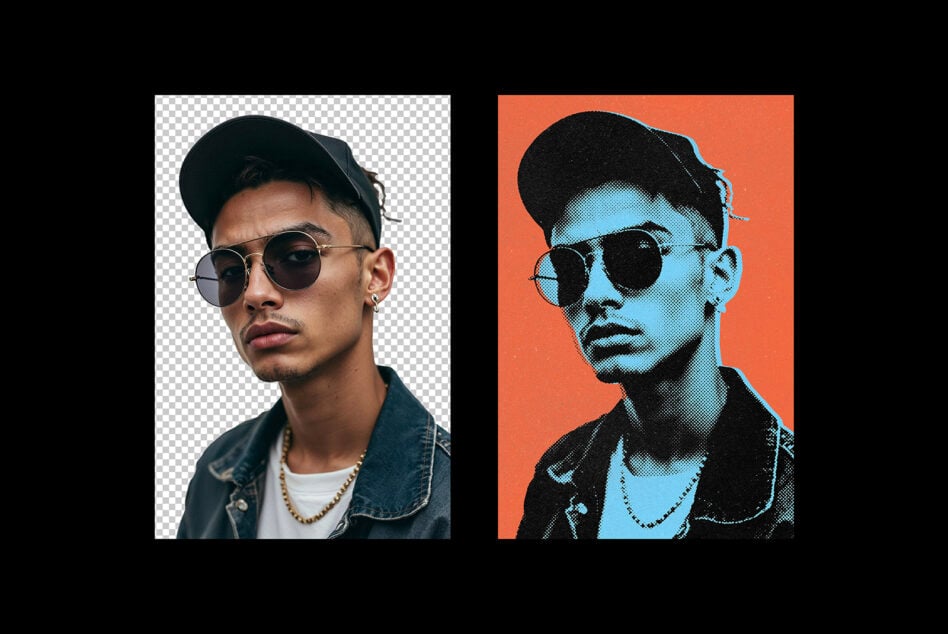 Before after portrait mockup, transparent checkerboard left, orange right