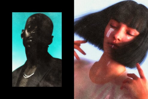 Duo of abstract portrait illustrations the left in black silhouette the right in vivid colors dynamic style perfect for graphic design projects.