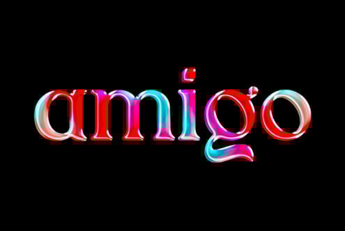Vibrant multicolor glossy font spelling amigo on black background perfect for graphic design typography projects fonts digital assets designers