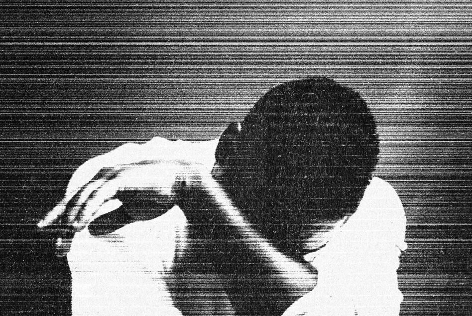 Grainy black and white halftone graphic of person in thought with head resting on arms suitable for design templates digital assets abstract art