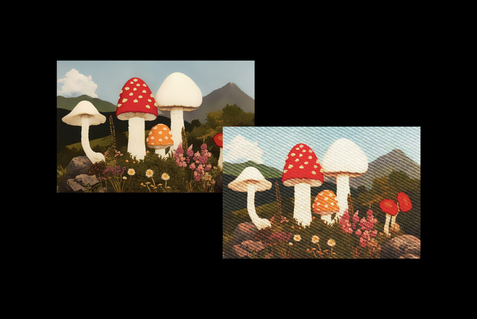 Two embroidered mushroom scenes with red toadstools, wildflowers in landscape