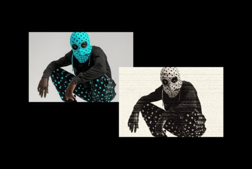 Unique polka dot fashion mockup featuring a person in a blue and black dotted outfit and mask perfect for edgy design projects and creative inspiration