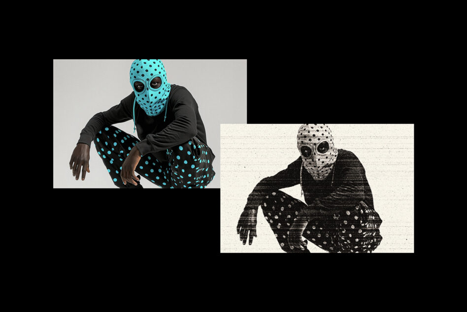 Two versions of masked figure in polka dot outfit, color plus distressed effect