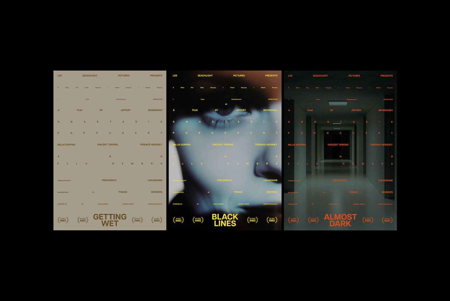Three minimalistic movie posters with abstract text overlays: Getting Wet, Black Lines, and Almost Dark. Keywords: mockup, graphics, template, abstract.