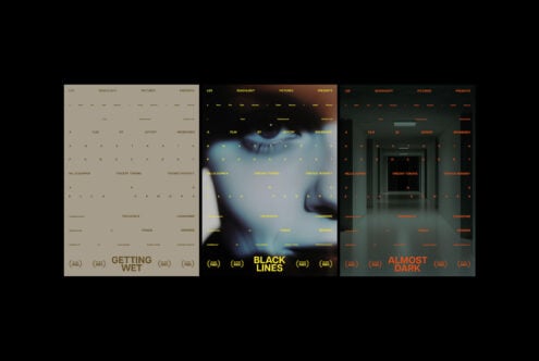 Three minimalistic movie posters with abstract text overlays: Getting Wet, Black Lines, and Almost Dark. Keywords: mockup, graphics, template, abstract.
