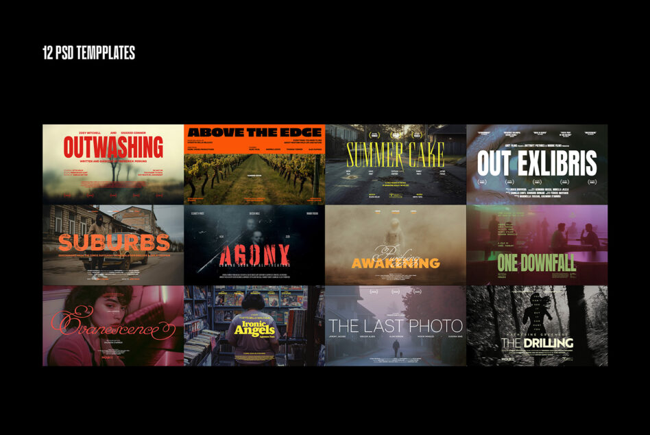 Display showing twelve cinema poster templates with various typography styles included