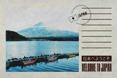 Vintage postcard mockup featuring Mount Fuji's scenic view with boats and water. Ideal for travel-themed graphic design projects and digital templates.