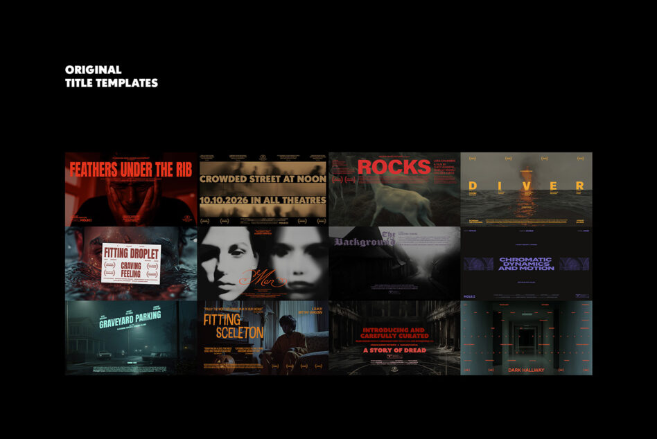 Grid showing 12 original horror film title templates with various imagery typography layouts