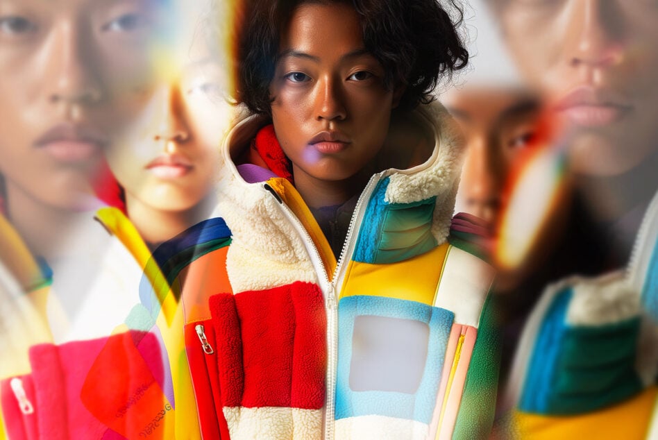 Colorful abstract fashion image featuring a person in a vibrant patchwork jacket with overlapping blurred effects suitable for graphics and design projects.