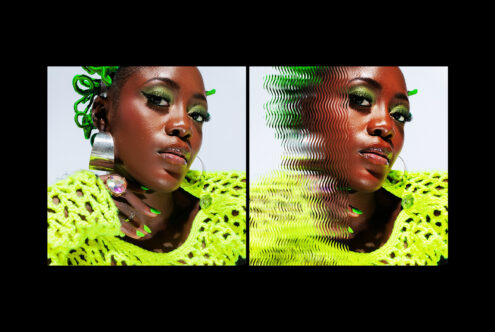 Fashion mockup featuring close-up of a woman in neon green knit top. Creative split with ripple effect for a unique graphic design asset.