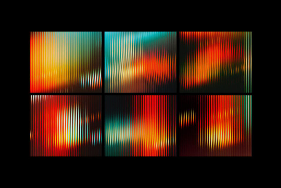 Six-panel grid of striped gradient backgrounds with orange, teal, red, yellow, green color shifts