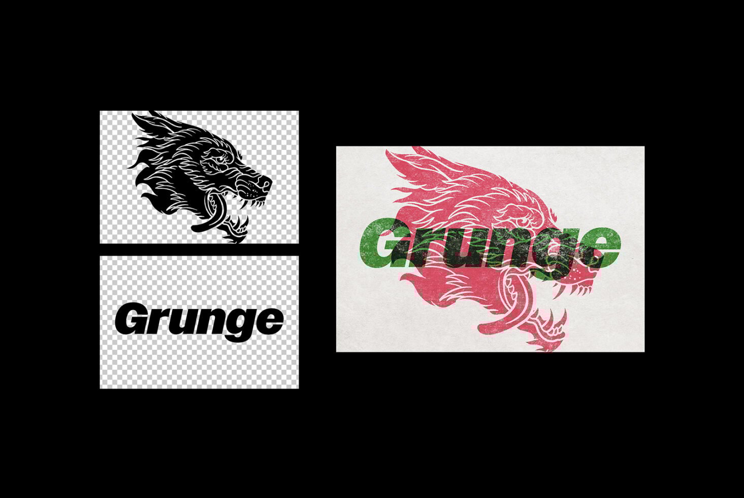 Grunge-inspired graphic design assets featuring a fierce animal illustration and bold typography. Perfect for templates or mockups in edgy design projects.
