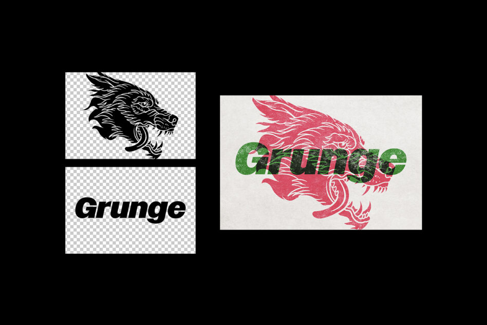 Grunge logo mockup showing black lion head illustration with green text overlay on white background