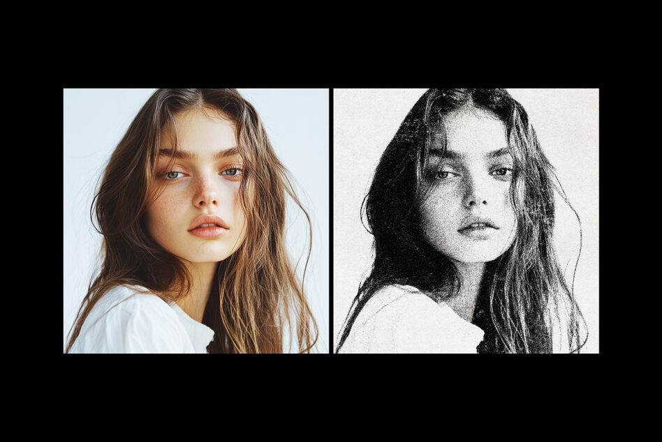 Color photo paired with grainy black and white conversion of same portrait