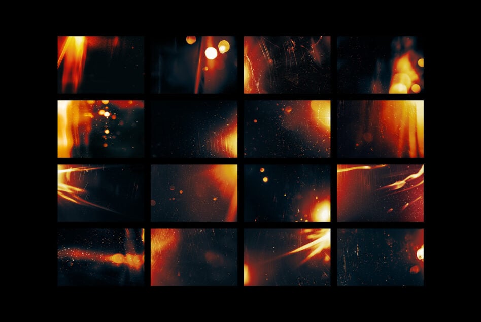Grid of 16 warm light leak overlays with golden glows, red tones, particle effects