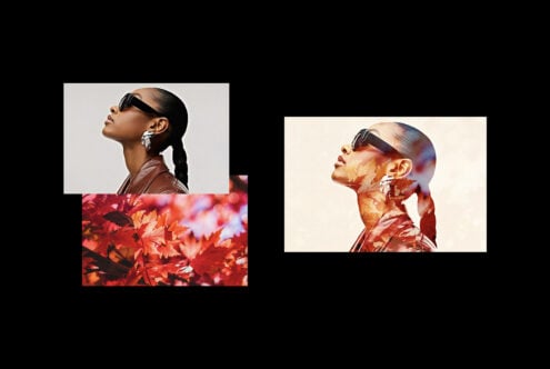 Profile portrait of a woman in sunglasses with double exposure effect overlay of red autumn leaves, suitable for digital graphic design, template use.