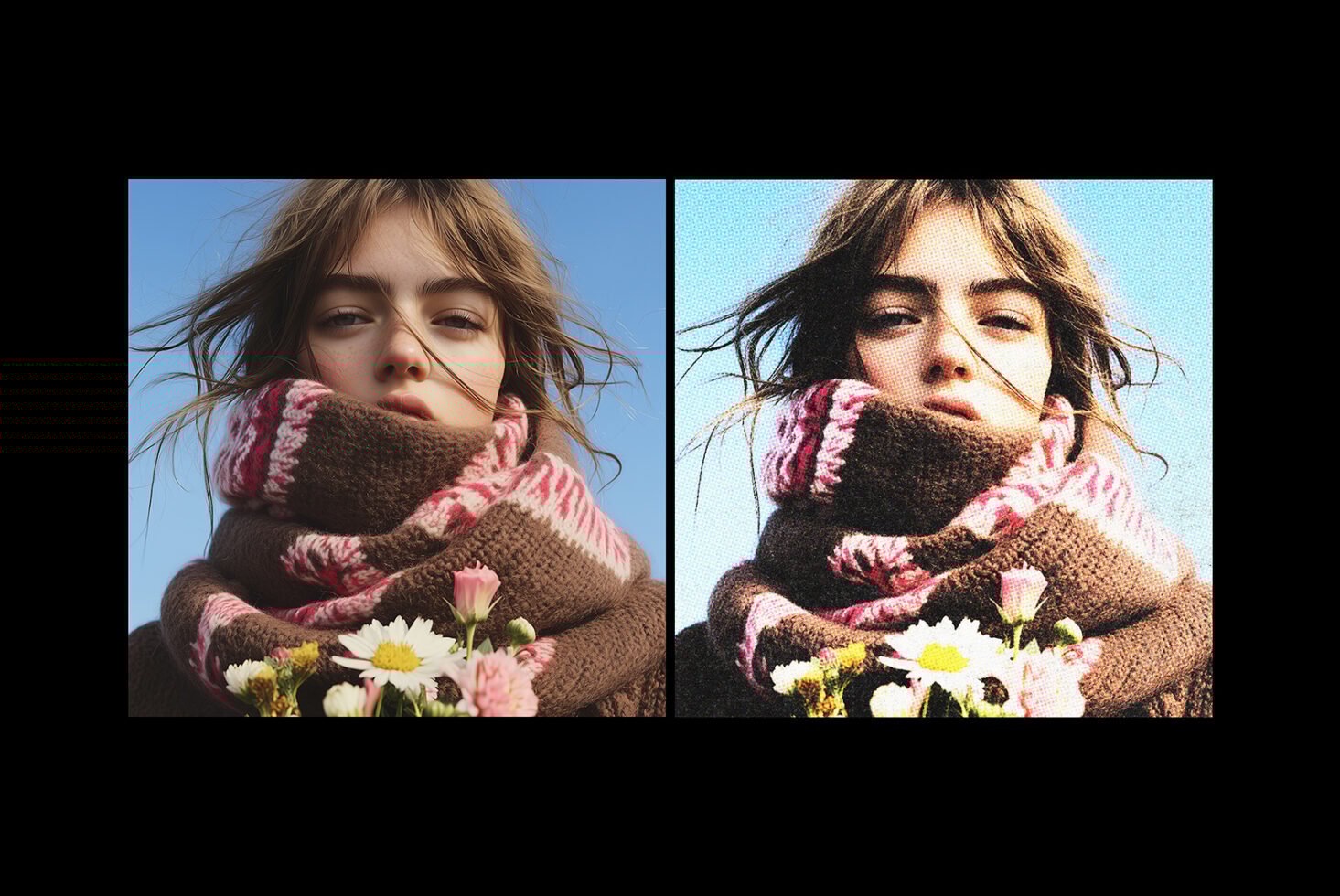 Young person in a cozy scarf holding flowers. Dual image with original and vintage filter effect. Ideal for mockups or graphic design templates.