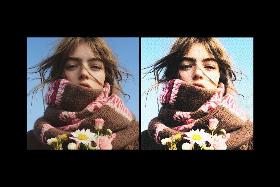 Side by side comparison photo with halftone dots effect applied to right image