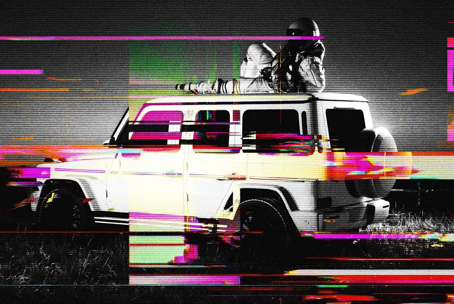 Glitch art of a vehicle with astronauts on top colorful digital distortion unique graphic design asset for creative projects and templates.