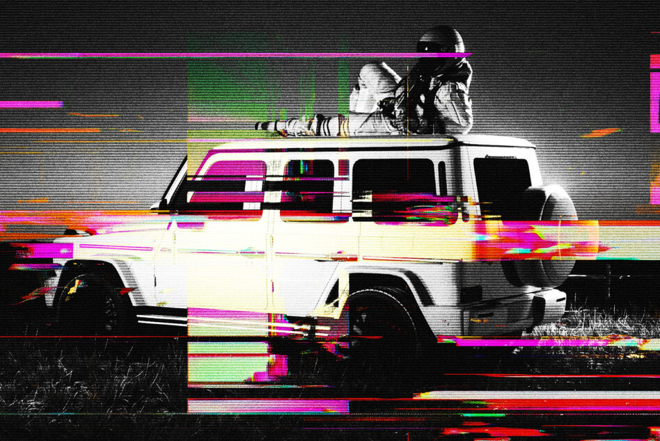 Astronaut on white van with colorful scan lines distortion covering the image