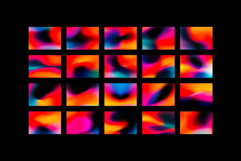Grid of 20 abstract gradient tiles, each with unique wavy color flows in neon hues