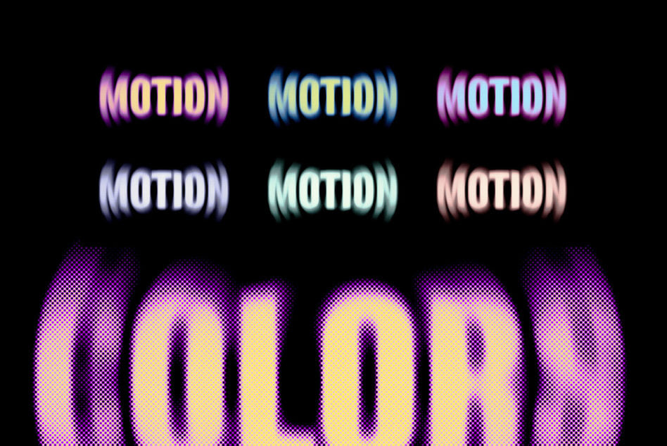 Colorful motion effect text on black background showcasing vibrant typography styles for digital design projects; ideal for graphics and font designers.