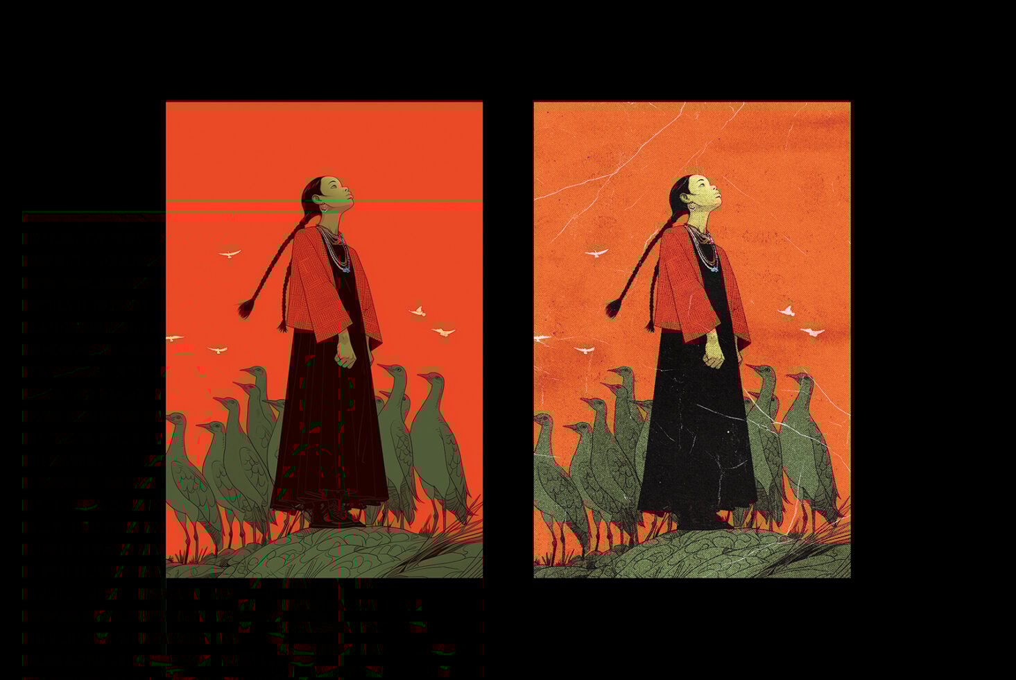 Illustration of a woman among birds on an orange background showcasing two styles perfect for graphics templates high-quality artwork for designers.