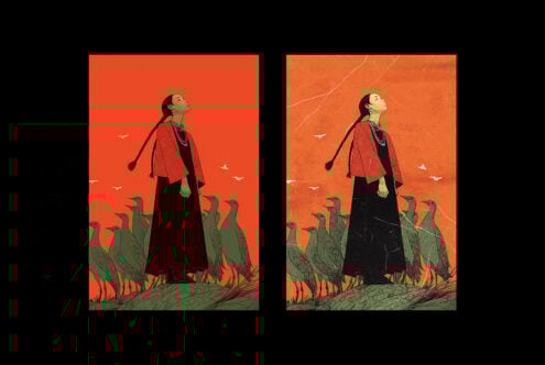 Illustration of a woman among birds on an orange background showcasing two styles perfect for graphics templates high-quality artwork for designers.