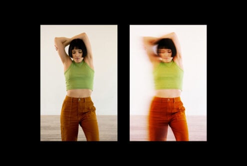 Woman in green top and orange pants, two-panel motion effect photography. Perfect for graphic design, digital art, creativity, dynamic, expressive visuals.